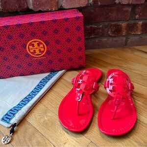 Tory Burch Neon Fluorescent Pink Patent Leather Miller Sandals